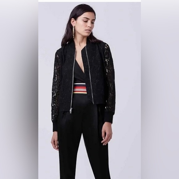 Diane von Furstenberg Kennadie Bomber Jacket Black Lace Over Navy - Picture 5 of 10